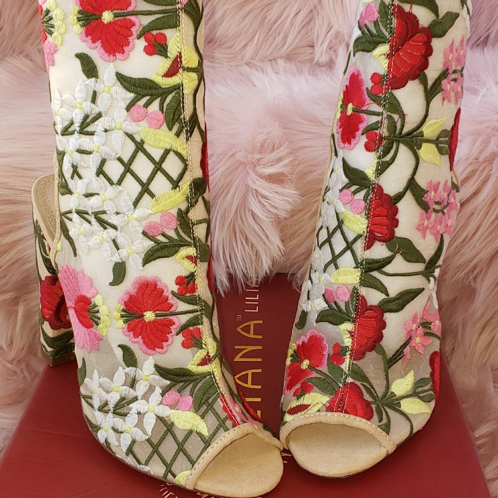 Floral embroidered peep toe mid calf boots